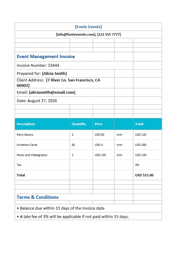 Event Management Invoice Template PSD template